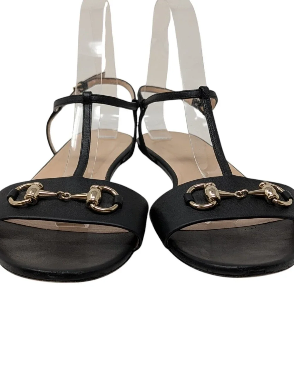 Gucci Horsebit Flat Black Leather T-Strap Sandals Size EU 40.5